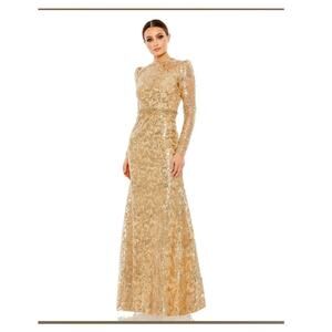 Mac Duggal Embellised Gold Long Sleeve MOB Prom Maxi Gown Plus Size 20 68011 New
